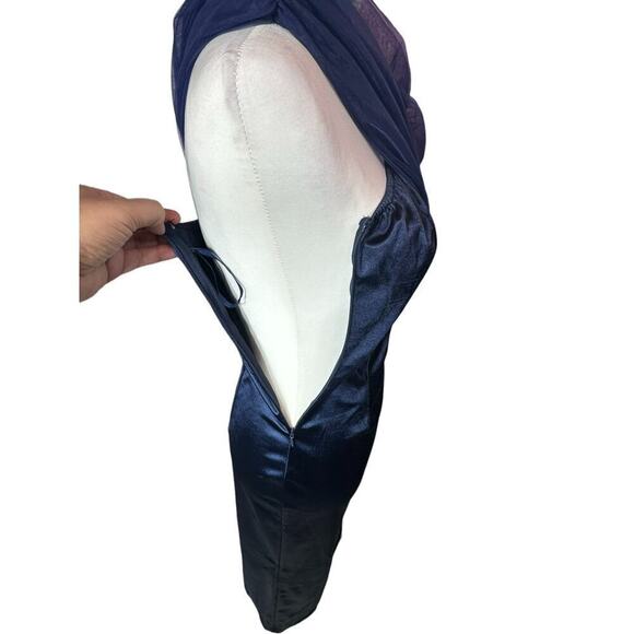 Womans Blue Mesh One Shoulder Sheer Split Thigh Knee Length Satin Dress Size S - Picture 6 of 10